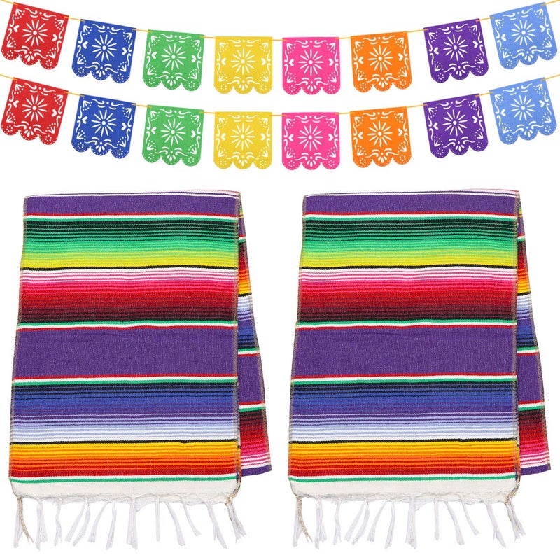 Dreamtop 2 Packs Mexican Table Runner 14 x 84 inch, Serape Table Runner for Mexican Party Wedding Decorations Outdoor Picnics Dining Table, Fringe Cotton Table Runners with 2 Pack Mexican Party Picado - Image 1